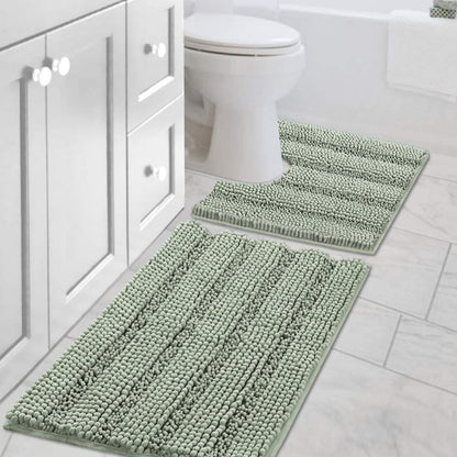 Chenille Striped Bath Rug Set with Non-Skid Backing