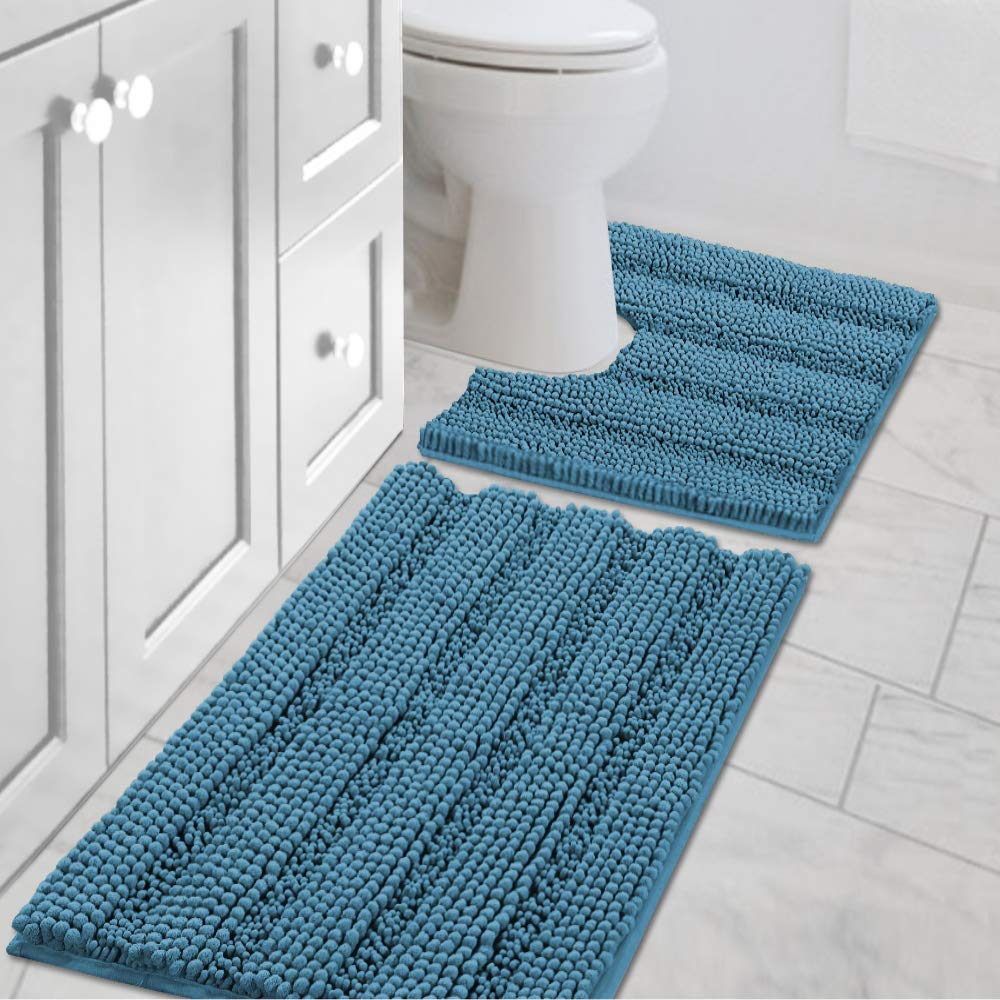 Chenille Striped Bath Rug Set with Non-Skid Backing