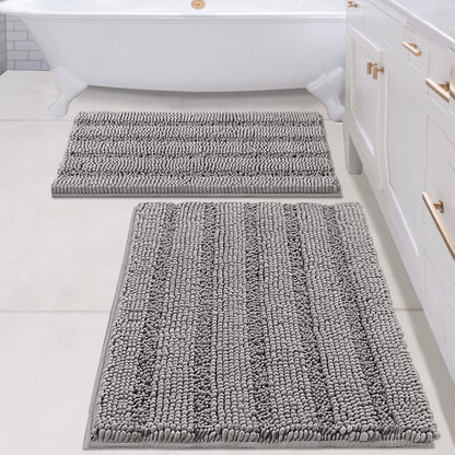 Chenille Striped Bath Rug Set with Non-Skid Backing
