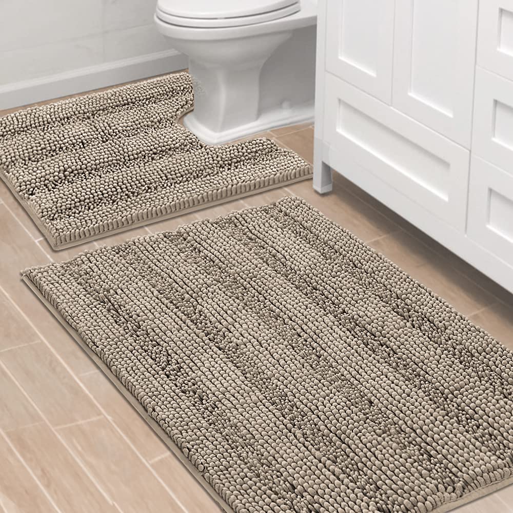 Chenille Striped Bath Rug Set with Non-Skid Backing