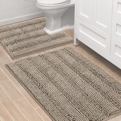 Chenille Striped Bath Rug Set with Non-Skid Backing