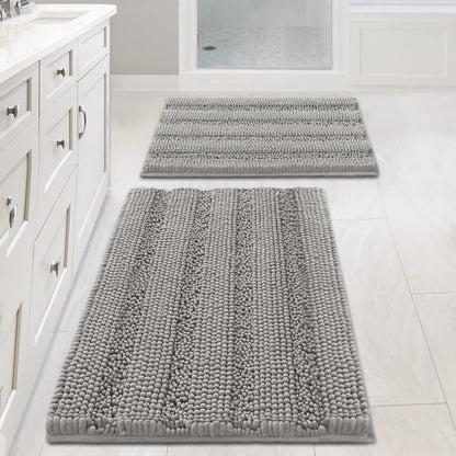 Chenille Striped Bath Rug Set with Non-Skid Backing
