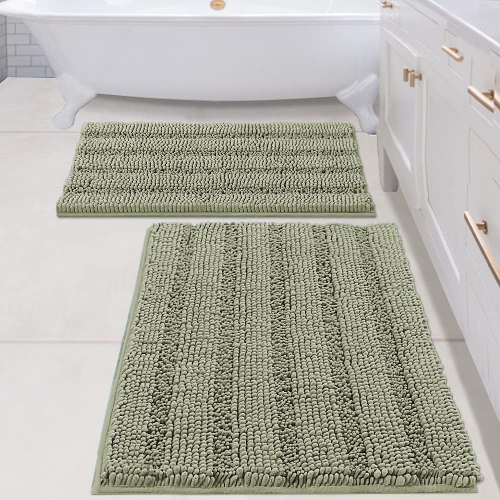 Chenille Striped Bath Rug Set with Non-Skid Backing