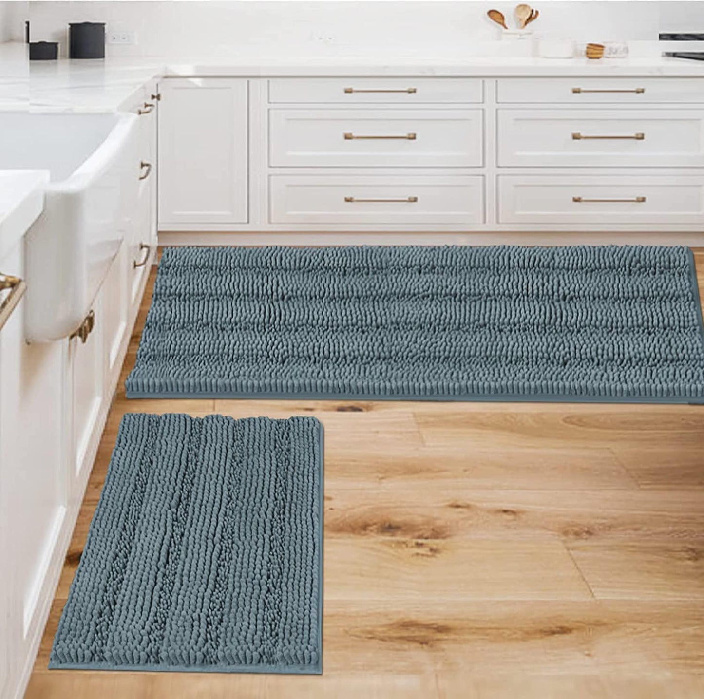 Chenille Striped Bath Rug Set with Non-Skid Backing