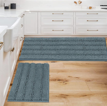 Chenille Striped Bath Rug Set with Non-Skid Backing