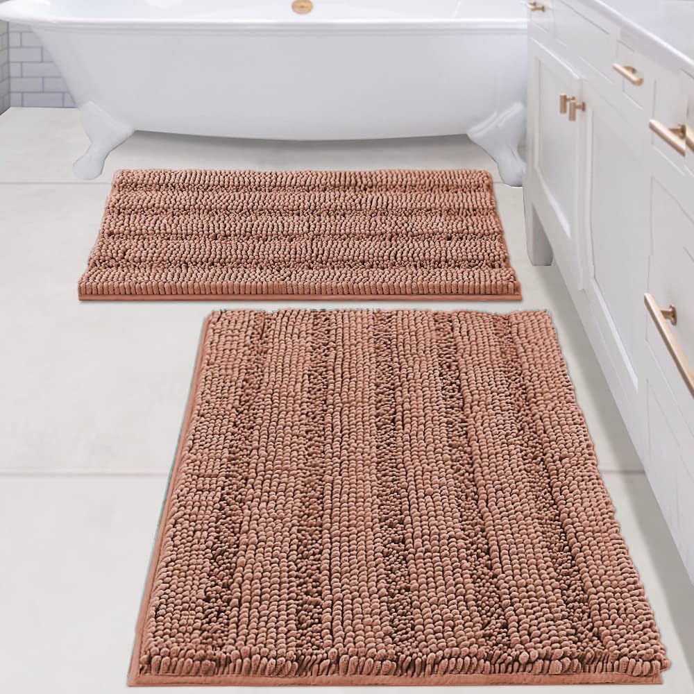 Chenille Striped Bath Rug Set with Non-Skid Backing