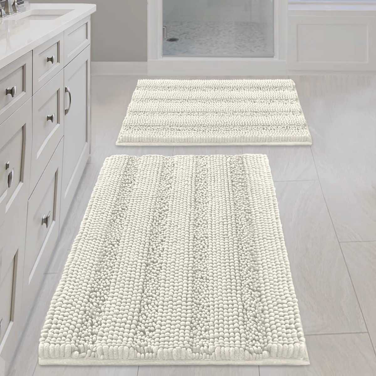 Chenille Striped Bath Rug Set with Non-Skid Backing