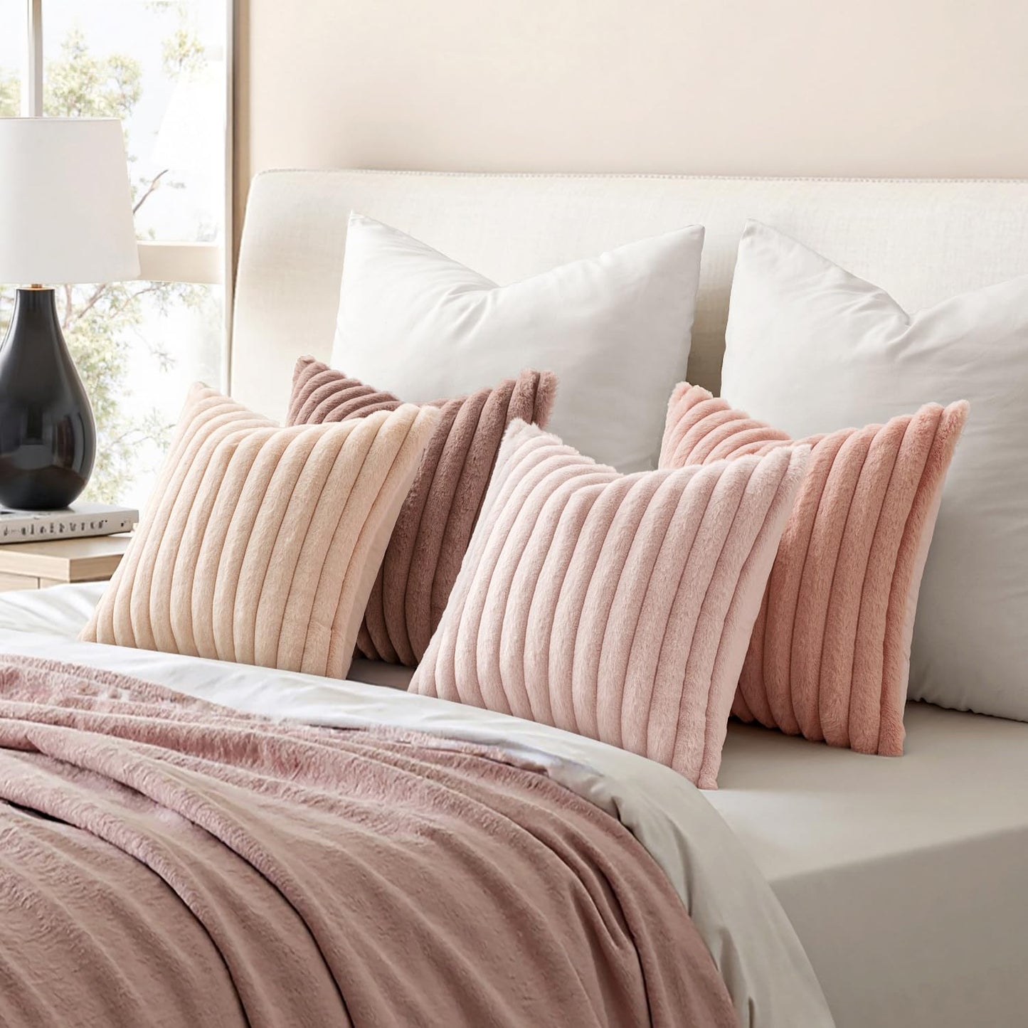 Fuzzy Striped Decorative Throw Pillows Set of 4