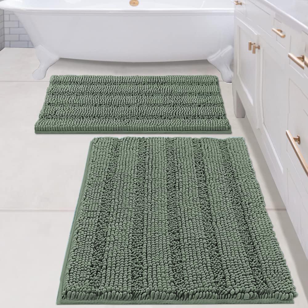 Chenille Striped Bath Rug Set with Non-Skid Backing