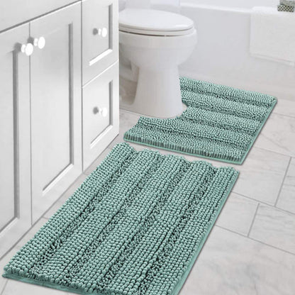 Chenille Striped Bath Rug Set with Non-Skid Backing