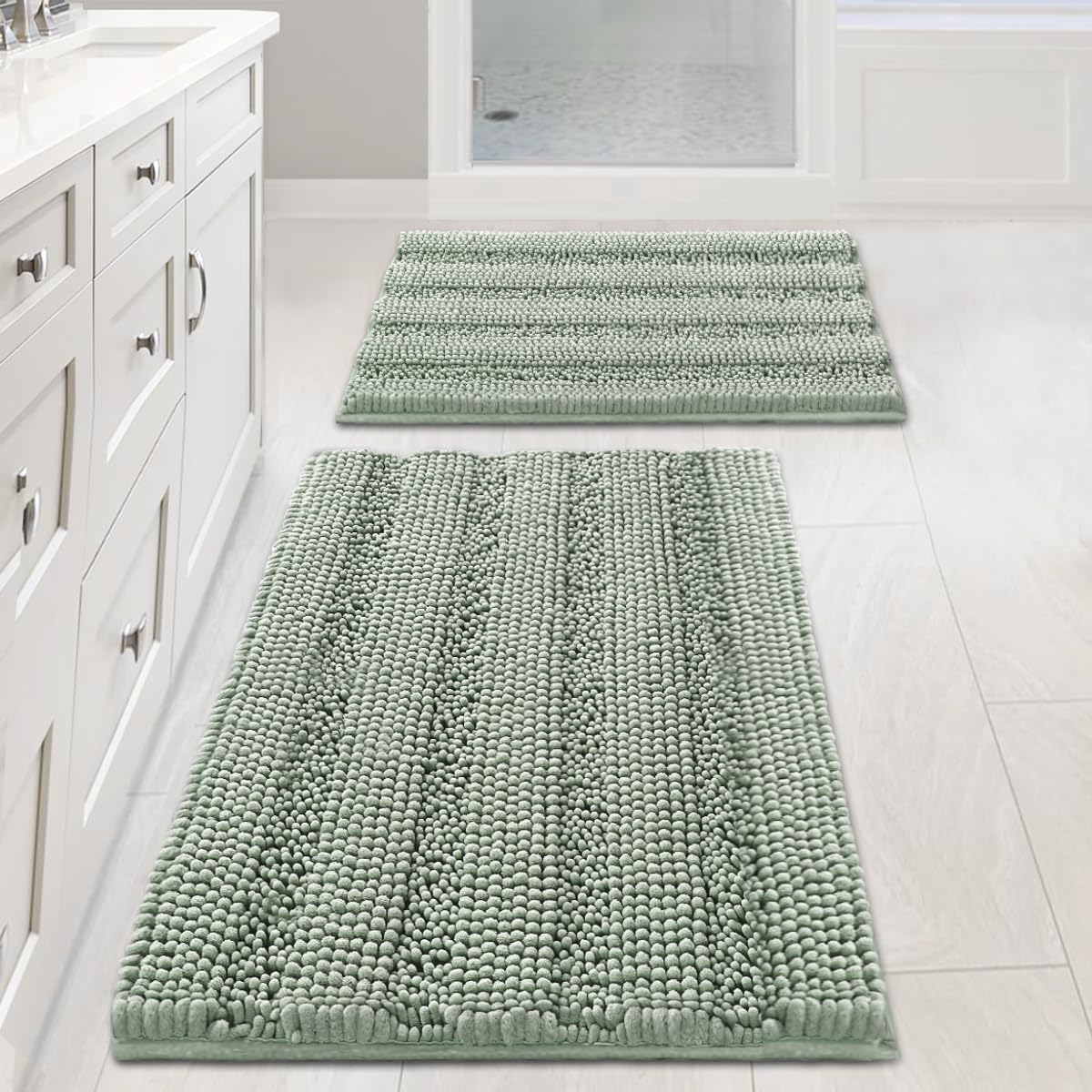 Chenille Striped Bath Rug Set with Non-Skid Backing