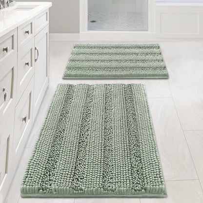 Chenille Striped Bath Rug Set with Non-Skid Backing