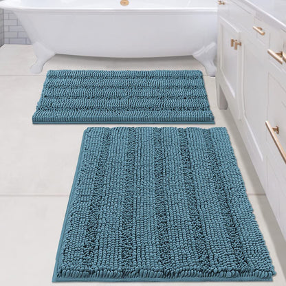 Chenille Striped Bath Rug Set with Non-Skid Backing