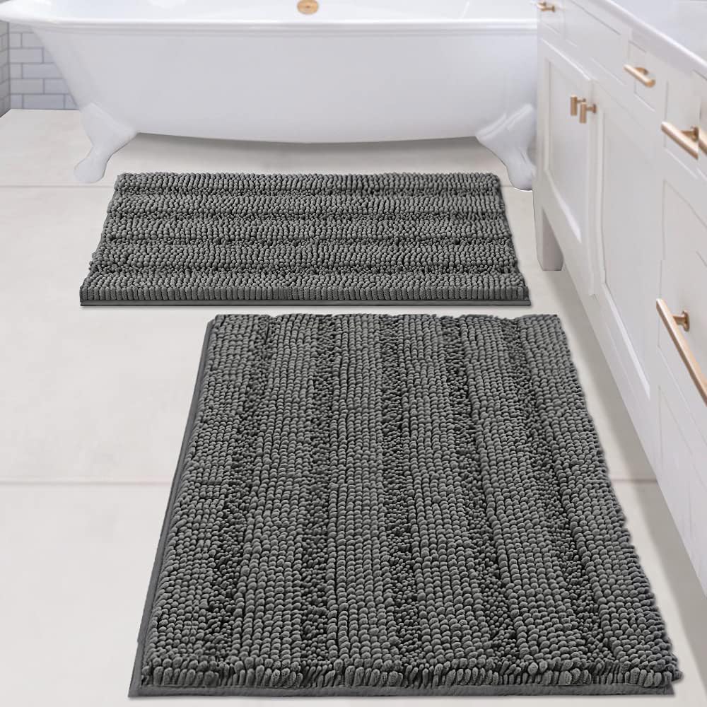 Chenille Striped Bath Rug Set with Non-Skid Backing