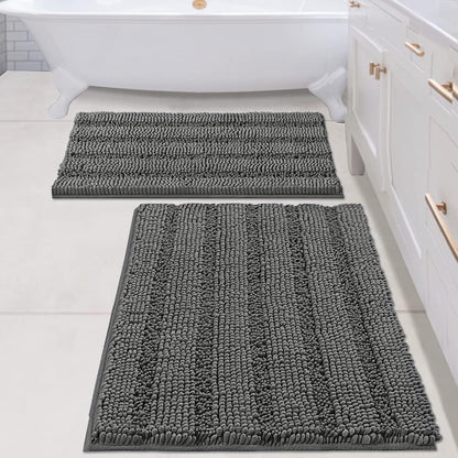 Chenille Striped Bath Rug Set with Non-Skid Backing