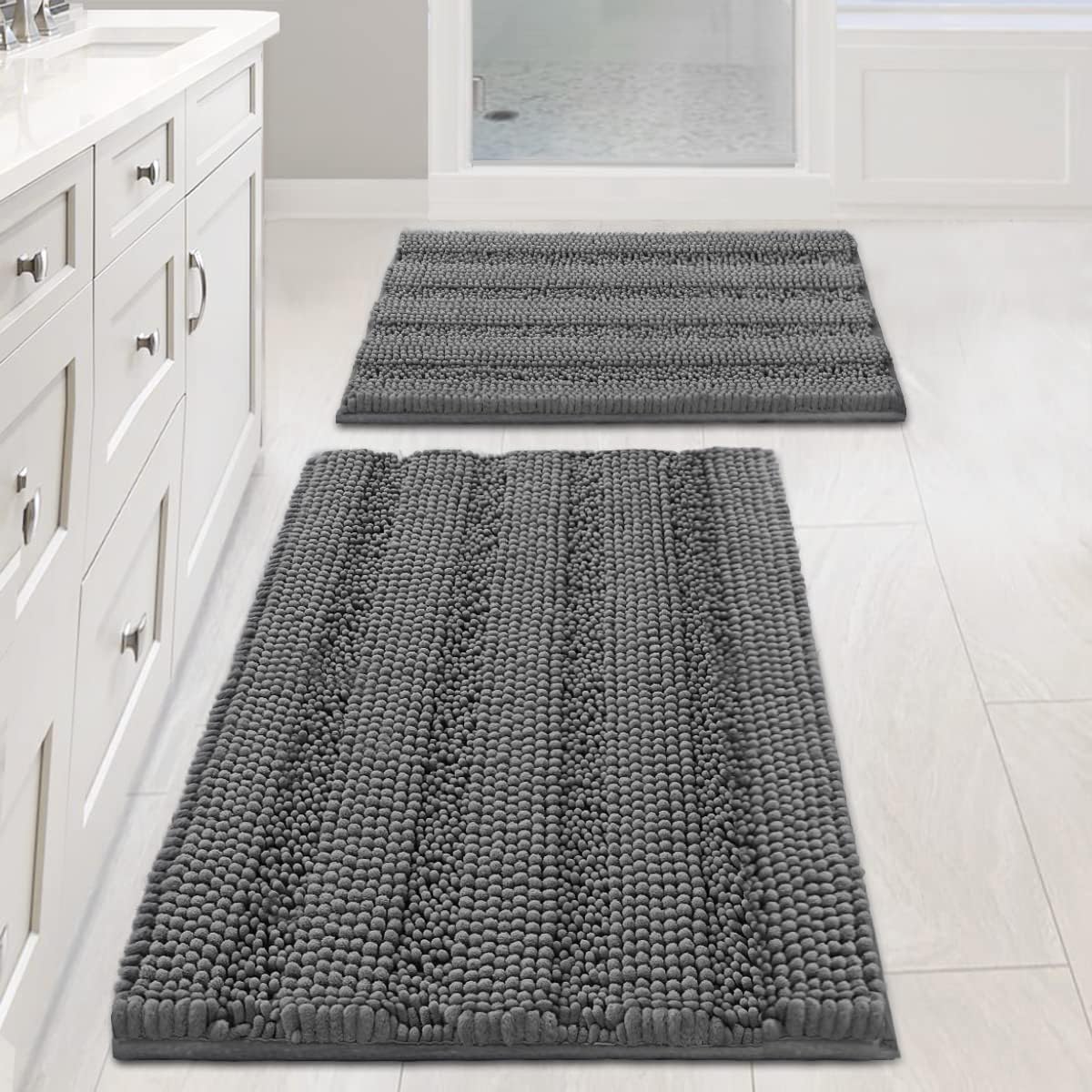 Chenille Striped Bath Rug Set with Non-Skid Backing