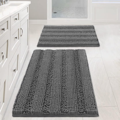 Chenille Striped Bath Rug Set with Non-Skid Backing