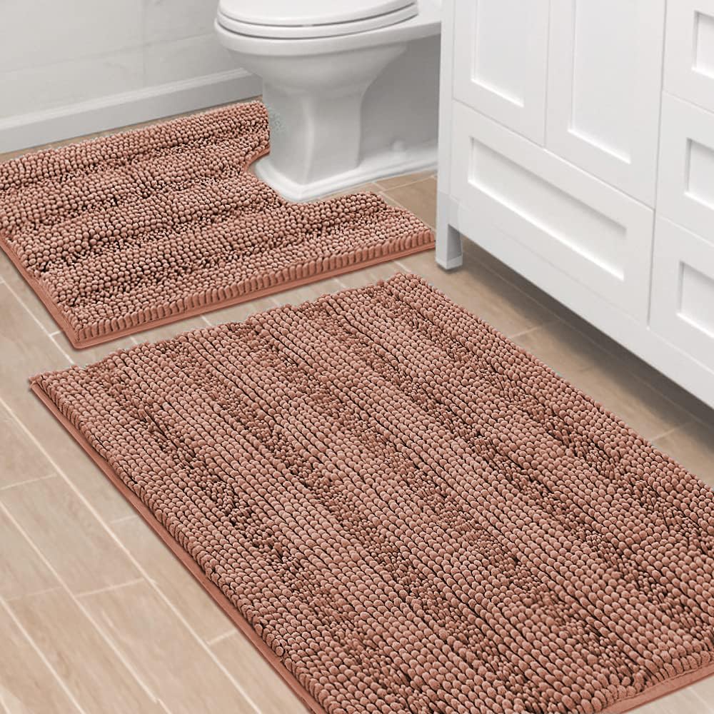Chenille Striped Bath Rug Set with Non-Skid Backing