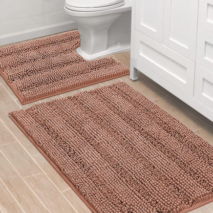 Chenille Striped Bath Rug Set with Non-Skid Backing