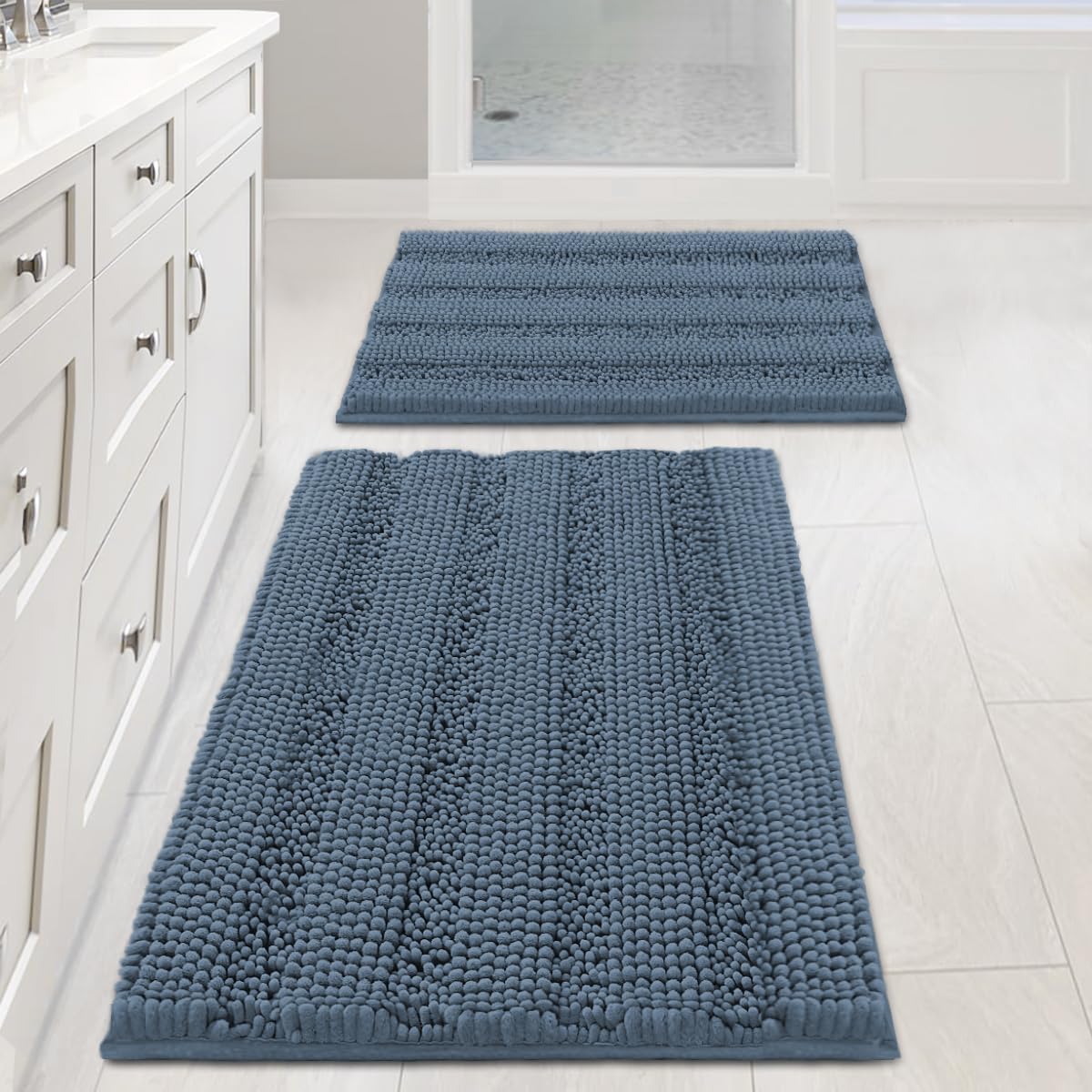 Chenille Striped Bath Rug Set with Non-Skid Backing