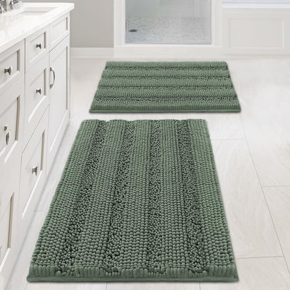Chenille Striped Bath Rug Set with Non-Skid Backing