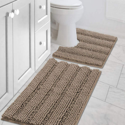 Chenille Striped Bath Rug Set with Non-Skid Backing