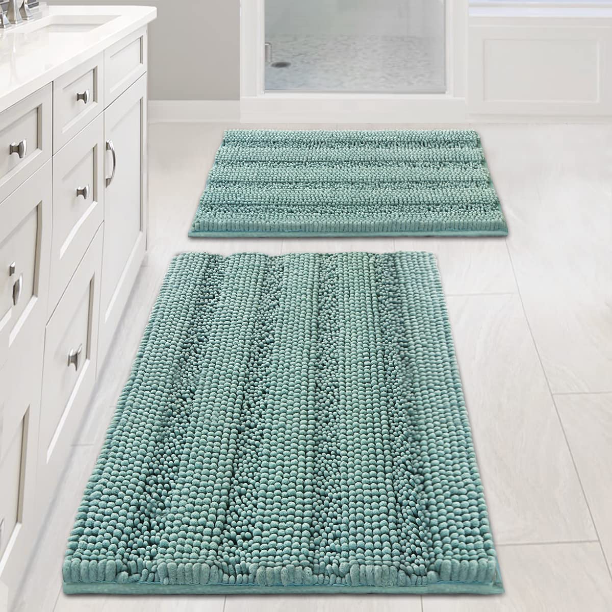 Chenille Striped Bath Rug Set with Non-Skid Backing