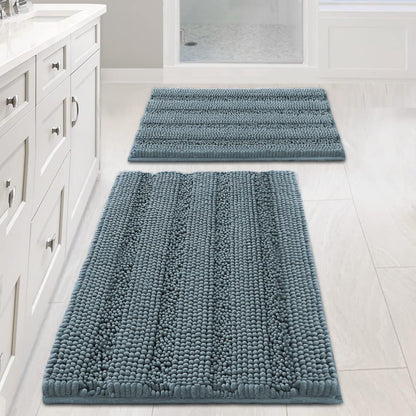 Chenille Striped Bath Rug Set with Non-Skid Backing