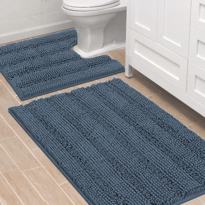 Chenille Striped Bath Rug Set with Non-Skid Backing