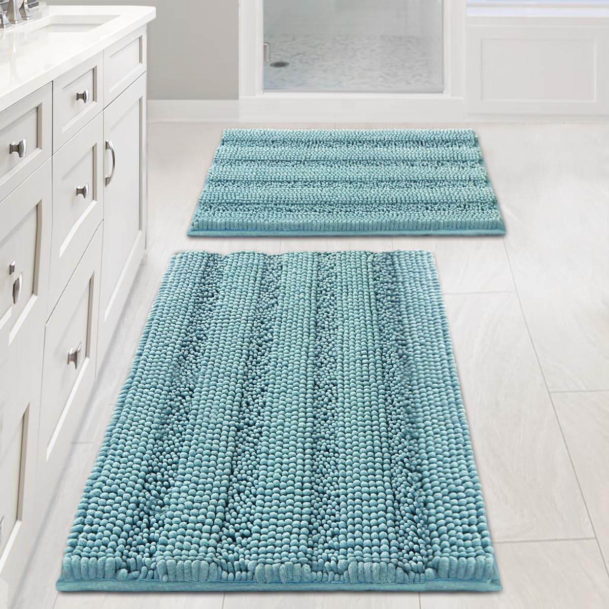 Chenille Striped Bath Rug Set with Non-Skid Backing