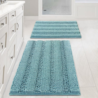 Chenille Striped Bath Rug Set with Non-Skid Backing