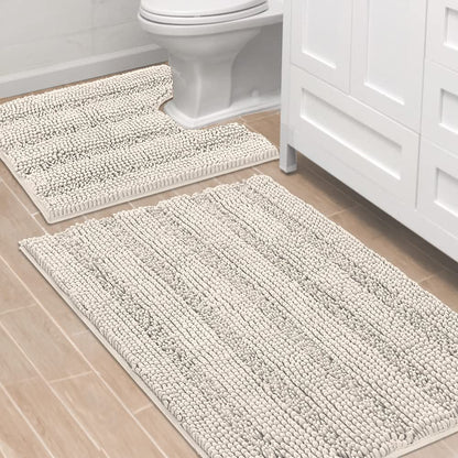 Chenille Striped Bath Rug Set with Non-Skid Backing