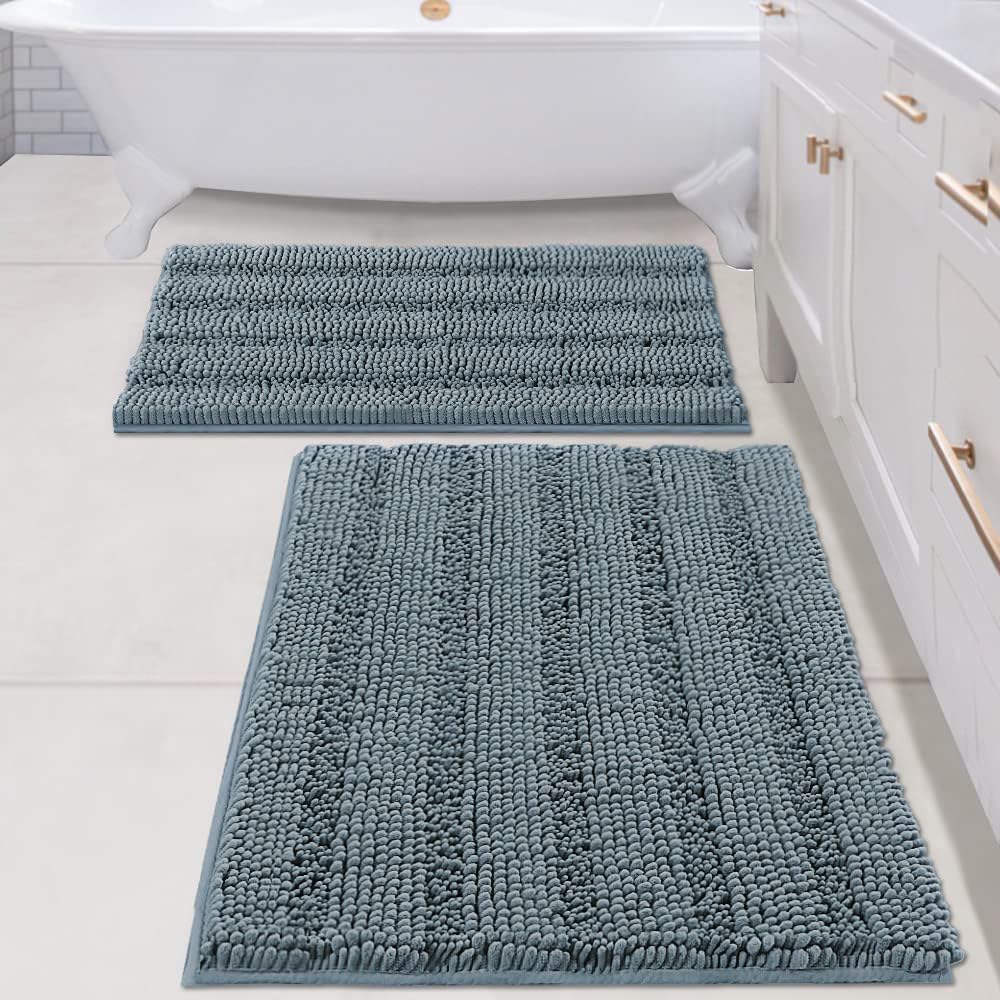 Chenille Striped Bath Rug Set with Non-Skid Backing