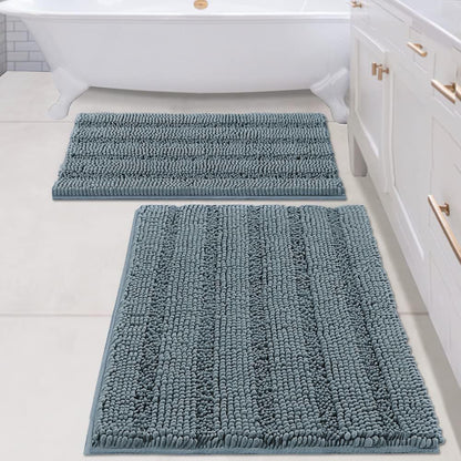 Chenille Striped Bath Rug Set with Non-Skid Backing