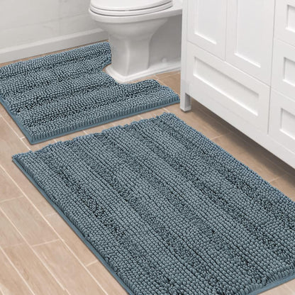 Chenille Striped Bath Rug Set with Non-Skid Backing