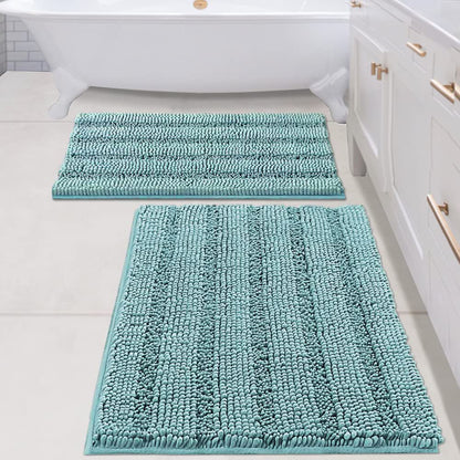 Chenille Striped Bath Rug Set with Non-Skid Backing