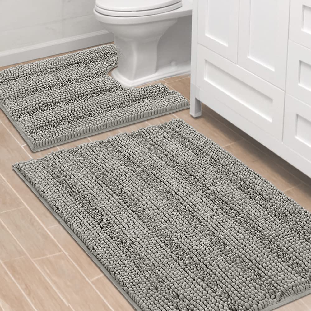 Chenille Striped Bath Rug Set with Non-Skid Backing