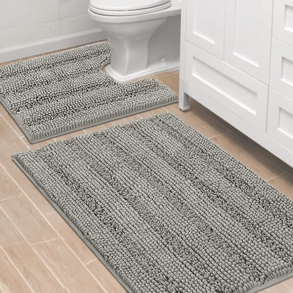 Chenille Striped Bath Rug Set with Non-Skid Backing
