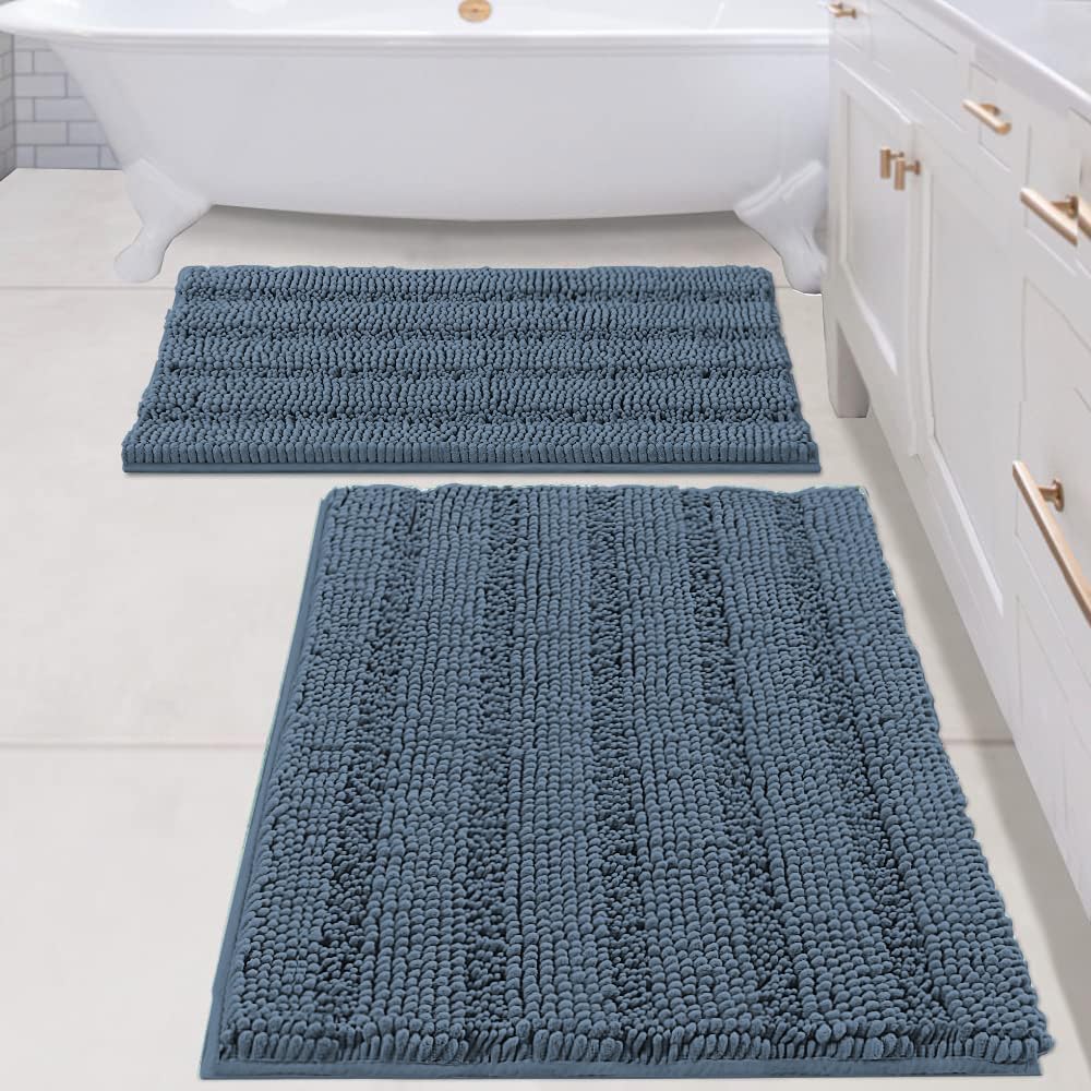 Chenille Striped Bath Rug Set with Non-Skid Backing