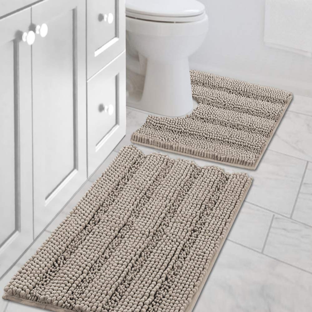 Chenille Striped Bath Rug Set with Non-Skid Backing
