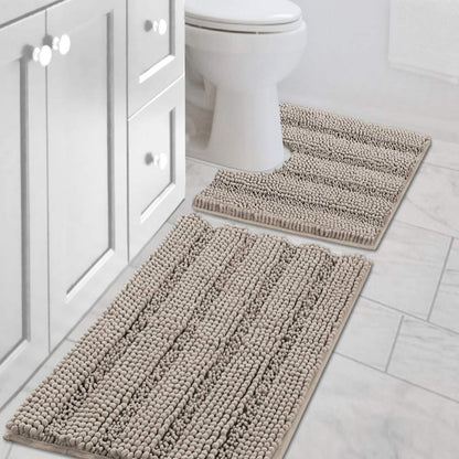 Chenille Striped Bath Rug Set with Non-Skid Backing