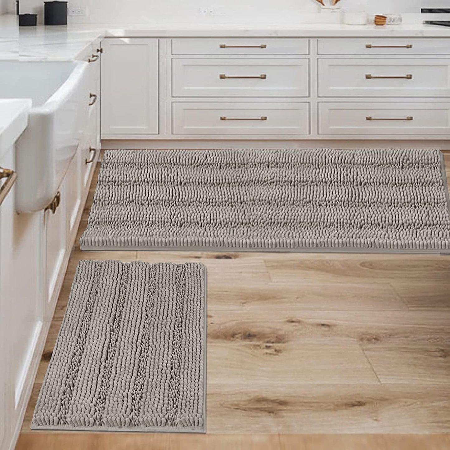 Chenille Striped Bath Rug Set with Non-Skid Backing