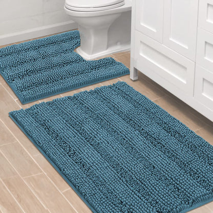 Chenille Striped Bath Rug Set with Non-Skid Backing