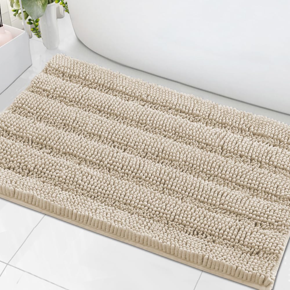 Chenille Striped Bath Rug Set with Non-Skid Backing
