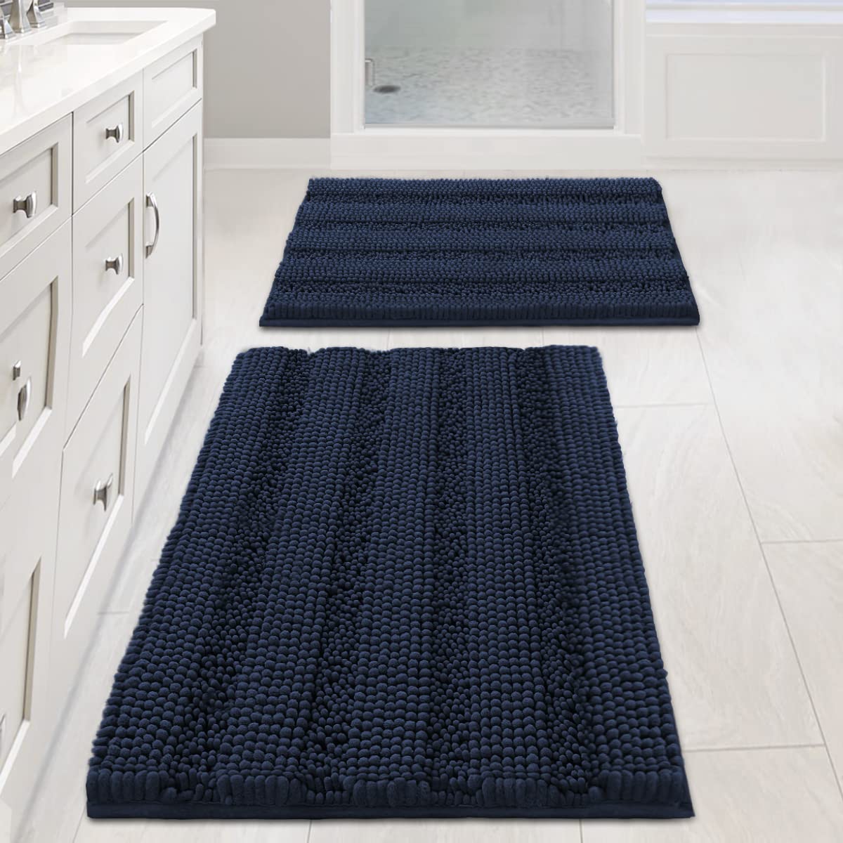 Chenille Striped Bath Rug Set with Non-Skid Backing