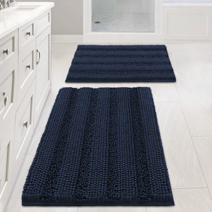 Chenille Striped Bath Rug Set with Non-Skid Backing