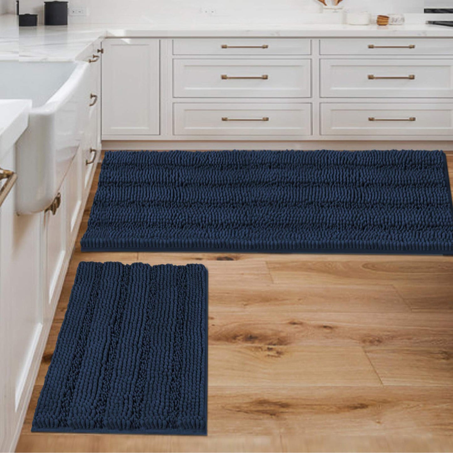 Chenille Striped Bath Rug Set with Non-Skid Backing