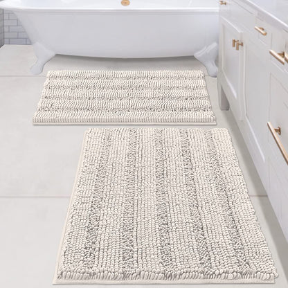 Chenille Striped Bath Rug Set with Non-Skid Backing
