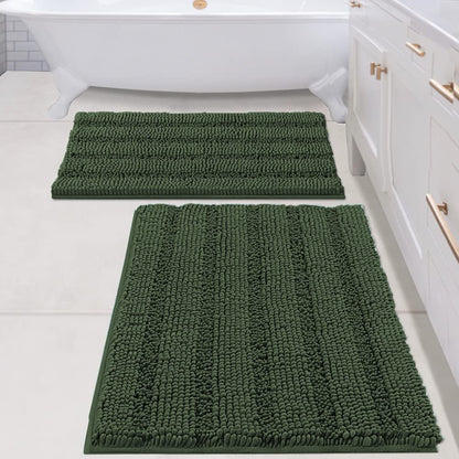 Chenille Striped Bath Rug Set with Non-Skid Backing