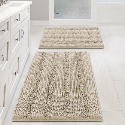 Chenille Striped Bath Rug Set with Non-Skid Backing